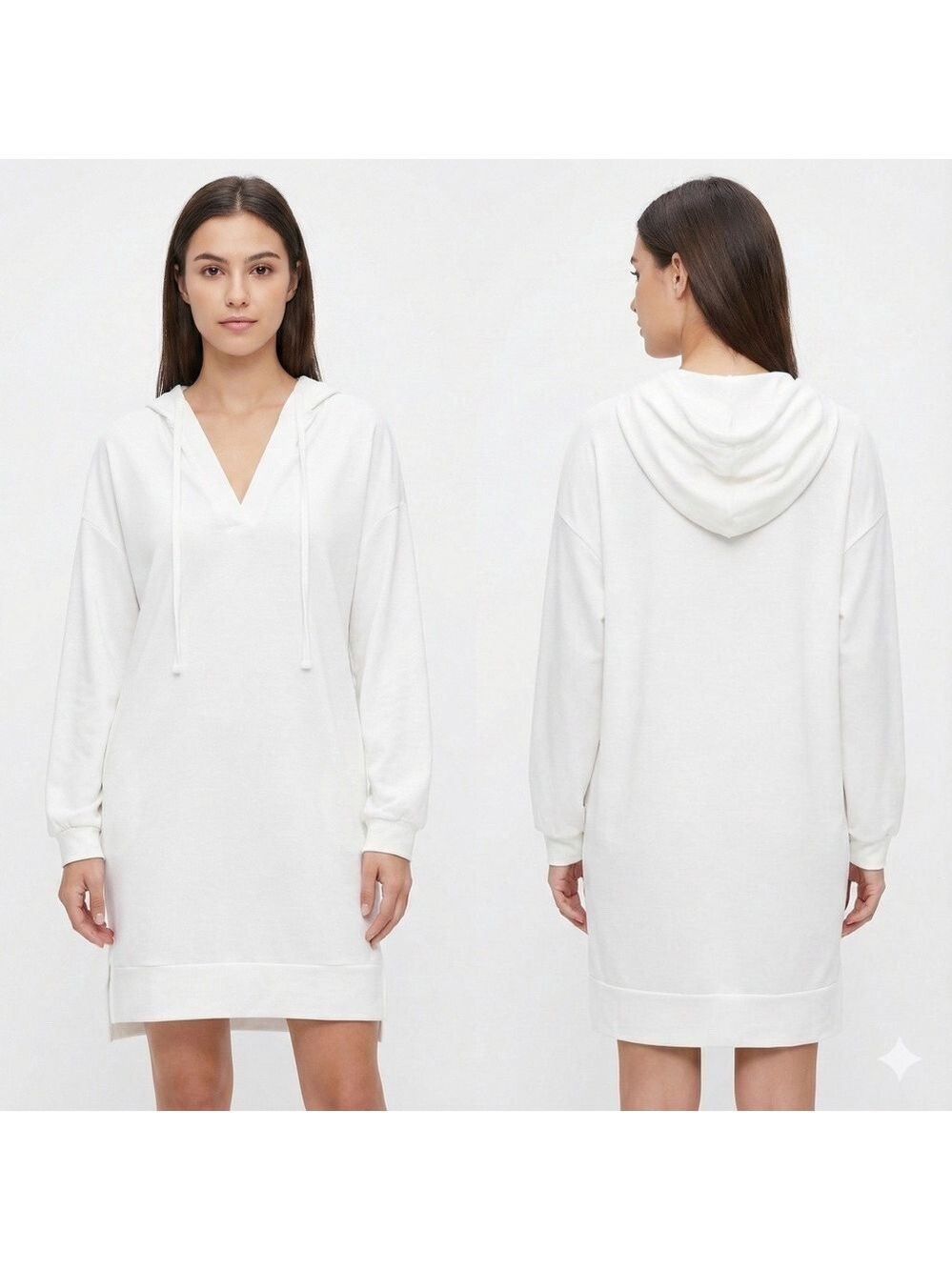 UNBRANDED French Terry  Ivory Hoodie Drawstring Hood Split V Neck US Sz L